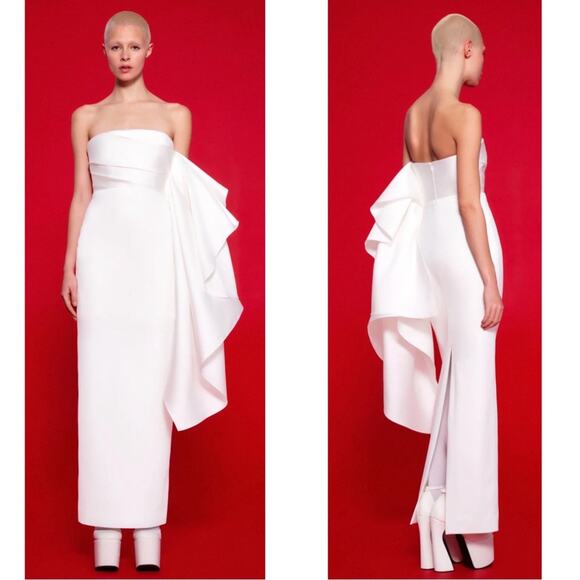 Solace London Milena Strapless Ruched Draped Ruffle White Maxi Dress Size 6 - Picture 2 of 13